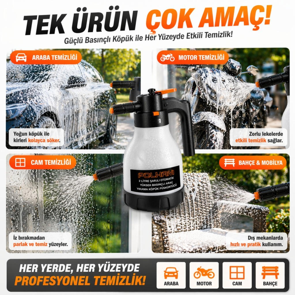 Polham Yeni Nesil 2 Litre Şarjlı Otomatik Basınçlı Araç Yıkama Köpük Püskürtücü, Araç, Jant, Bahçe Yıkama Pompası