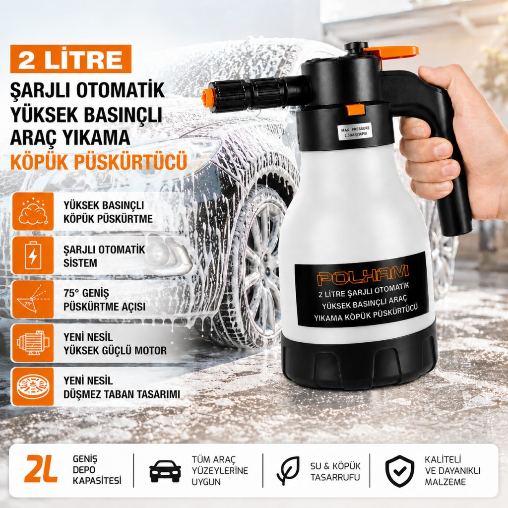 Polham Yeni Nesil 2 Litre Şarjlı Otomatik Basınçlı Araç Yıkama Köpük Püskürtücü, Araç, Jant, Bahçe Yıkama Pompası