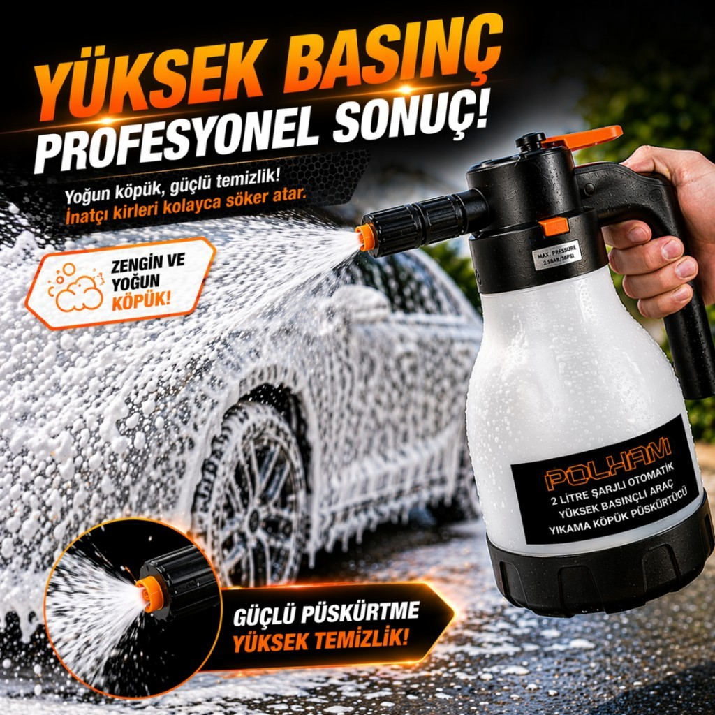 Polham Yeni Nesil 2 Litre Şarjlı Otomatik Basınçlı Araç Yıkama Köpük Püskürtücü, Araç, Jant, Bahçe Yıkama Pompası