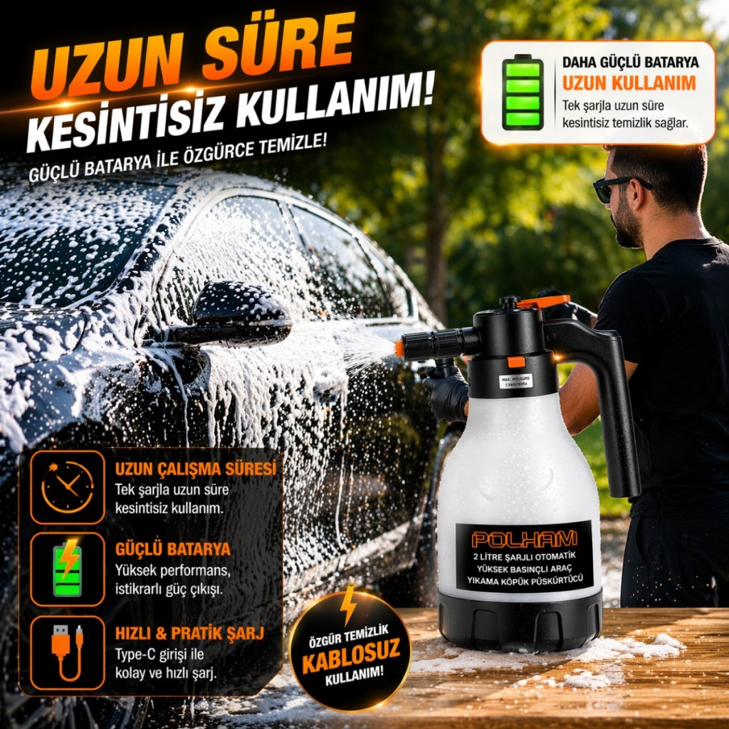 Polham Yeni Nesil 2 Litre Şarjlı Otomatik Basınçlı Araç Yıkama Köpük Püskürtücü, Araç, Jant, Bahçe Yıkama Pompası