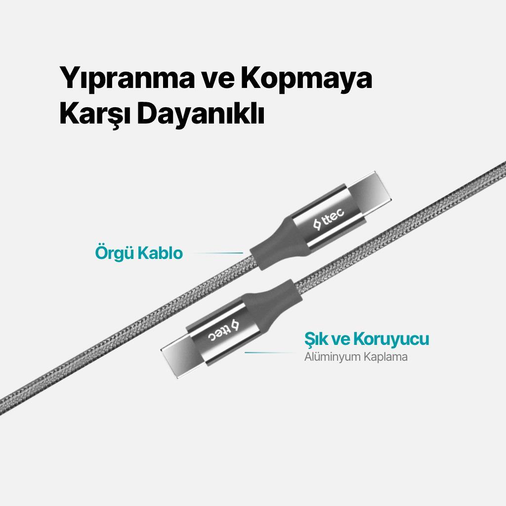 Ttec 1.5Metre 100W Süper Hızlı Type C to Type C Şarj ve Data Kablosu, Kopmaz Yıpranmaz PD/QC Şarj Destekli Kablo