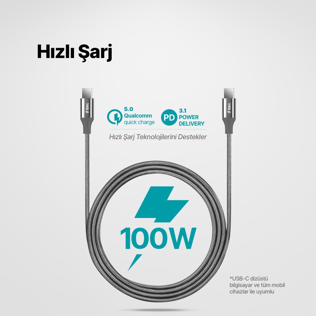 Ttec 1.5Metre 100W Süper Hızlı Type C to Type C Şarj ve Data Kablosu, Kopmaz Yıpranmaz PD/QC Şarj Destekli Kablo