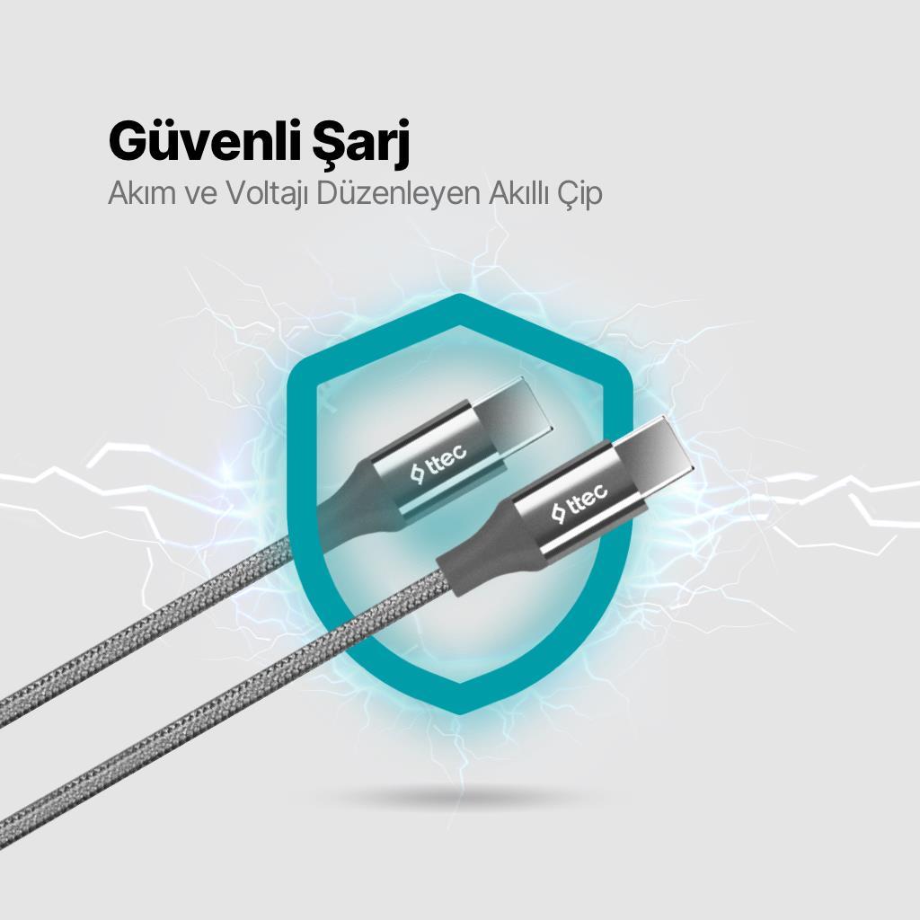 Ttec 1.5Metre 100W Süper Hızlı Type C to Type C Şarj ve Data Kablosu, Kopmaz Yıpranmaz PD/QC Şarj Destekli Kablo