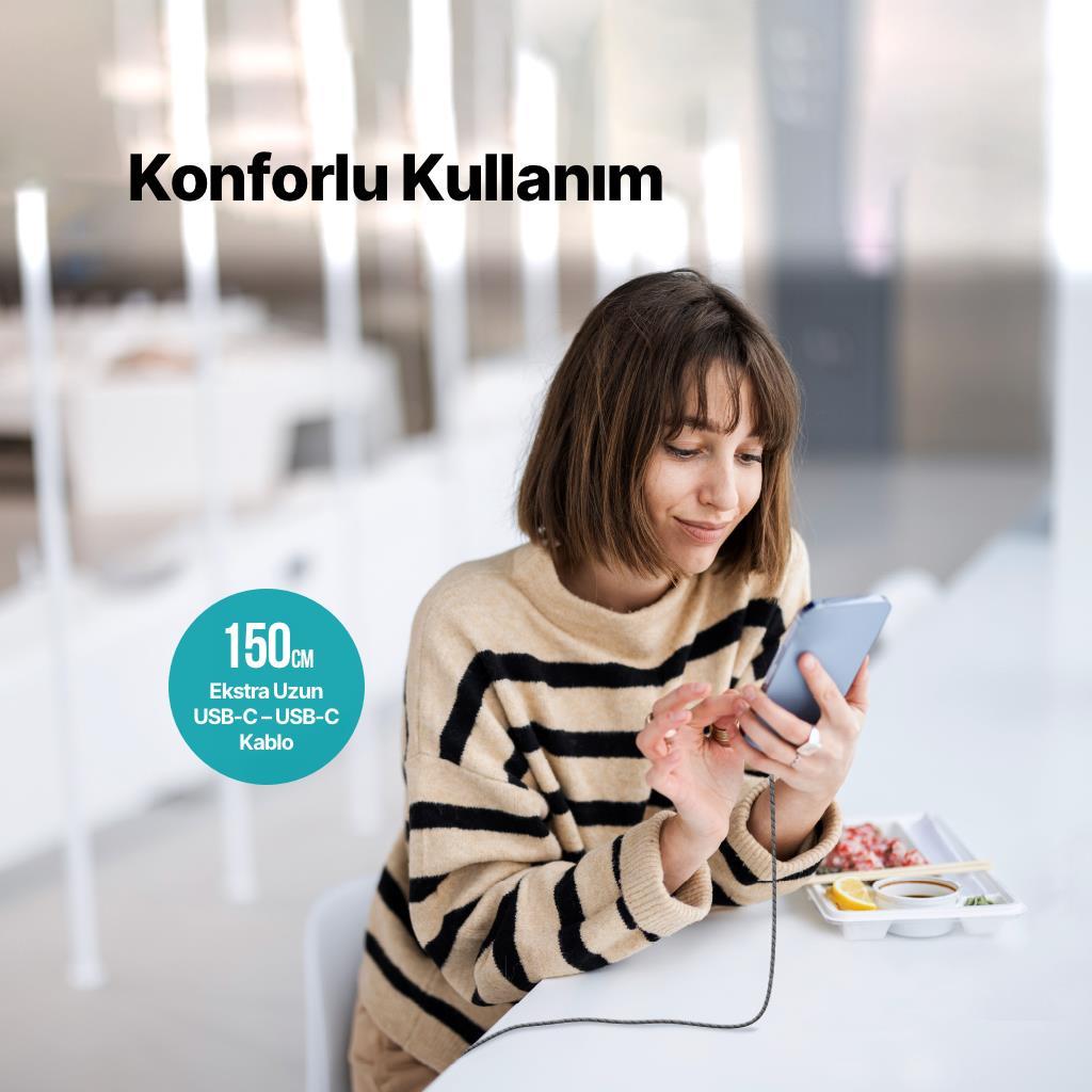 Ttec 1.5Metre 100W Süper Hızlı Type C to Type C Şarj ve Data Kablosu, Kopmaz Yıpranmaz PD/QC Şarj Destekli Kablo