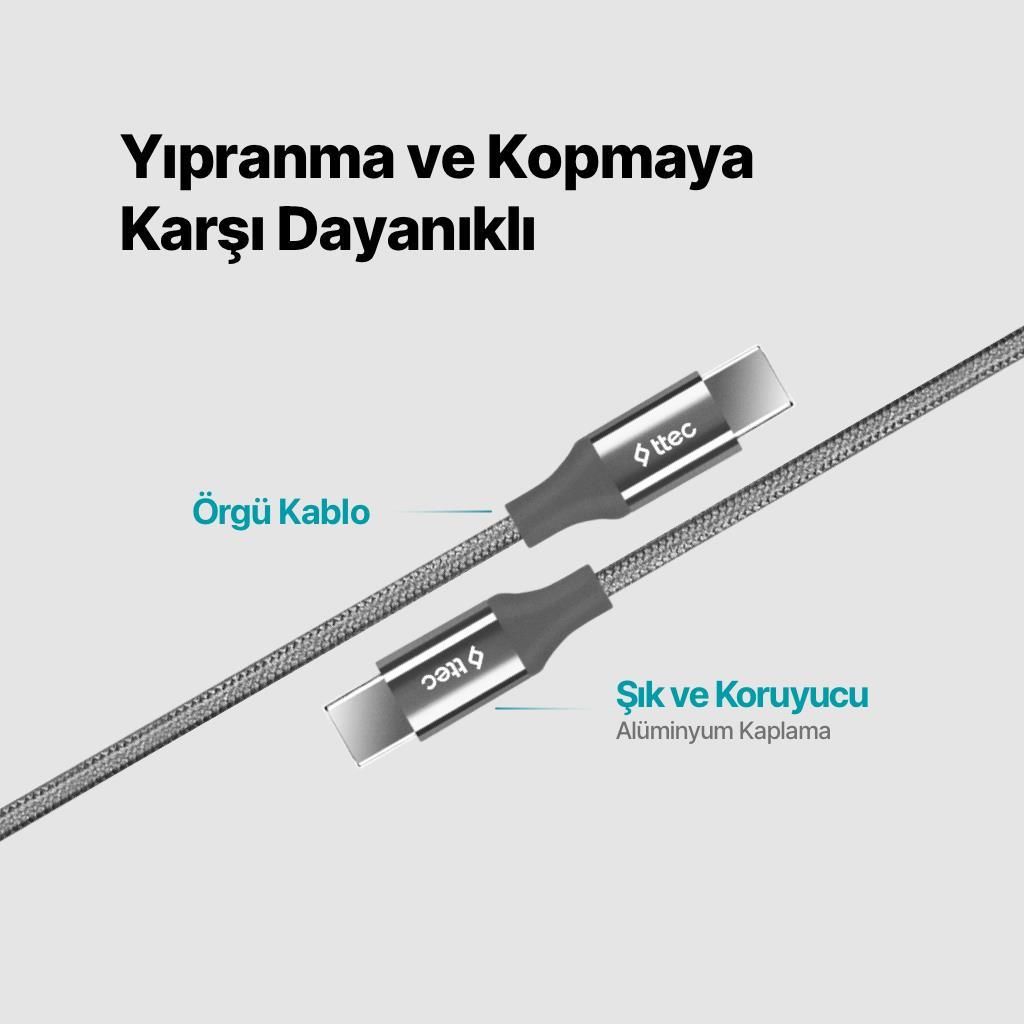 Ttec 2 Metre 65W Süper Hızlı Type C to Type C Şarj ve Data Kablosu, Kopmaz Yıpranmaz PD/QC Şarj Destekli Kablo