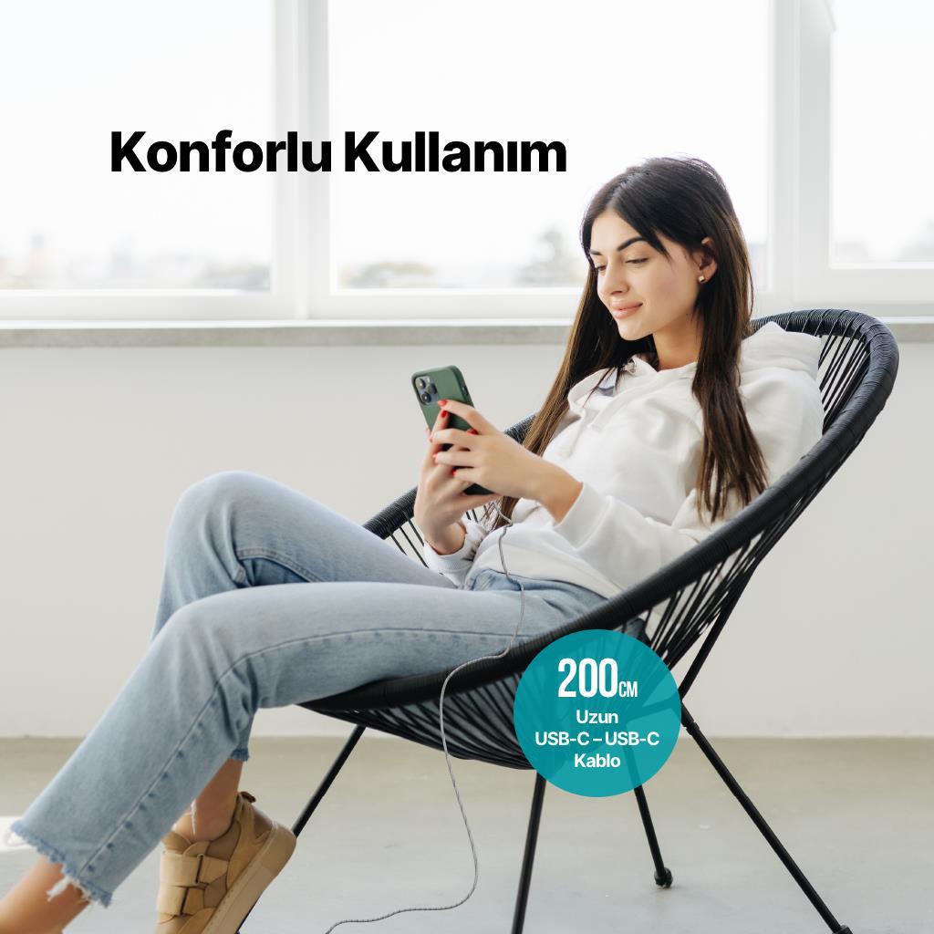 Ttec 2 Metre 65W Süper Hızlı Type C to Type C Şarj ve Data Kablosu, Kopmaz Yıpranmaz PD/QC Şarj Destekli Kablo