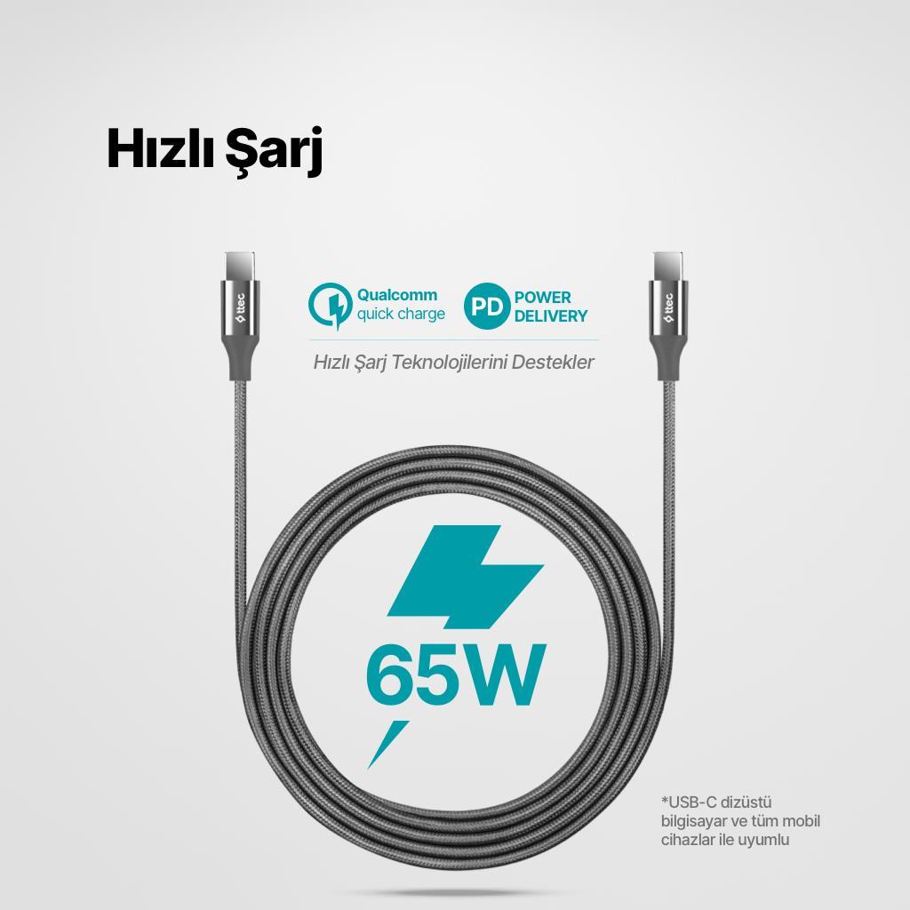 Ttec 2 Metre 65W Süper Hızlı Type C to Type C Şarj ve Data Kablosu, Kopmaz Yıpranmaz PD/QC Şarj Destekli Kablo