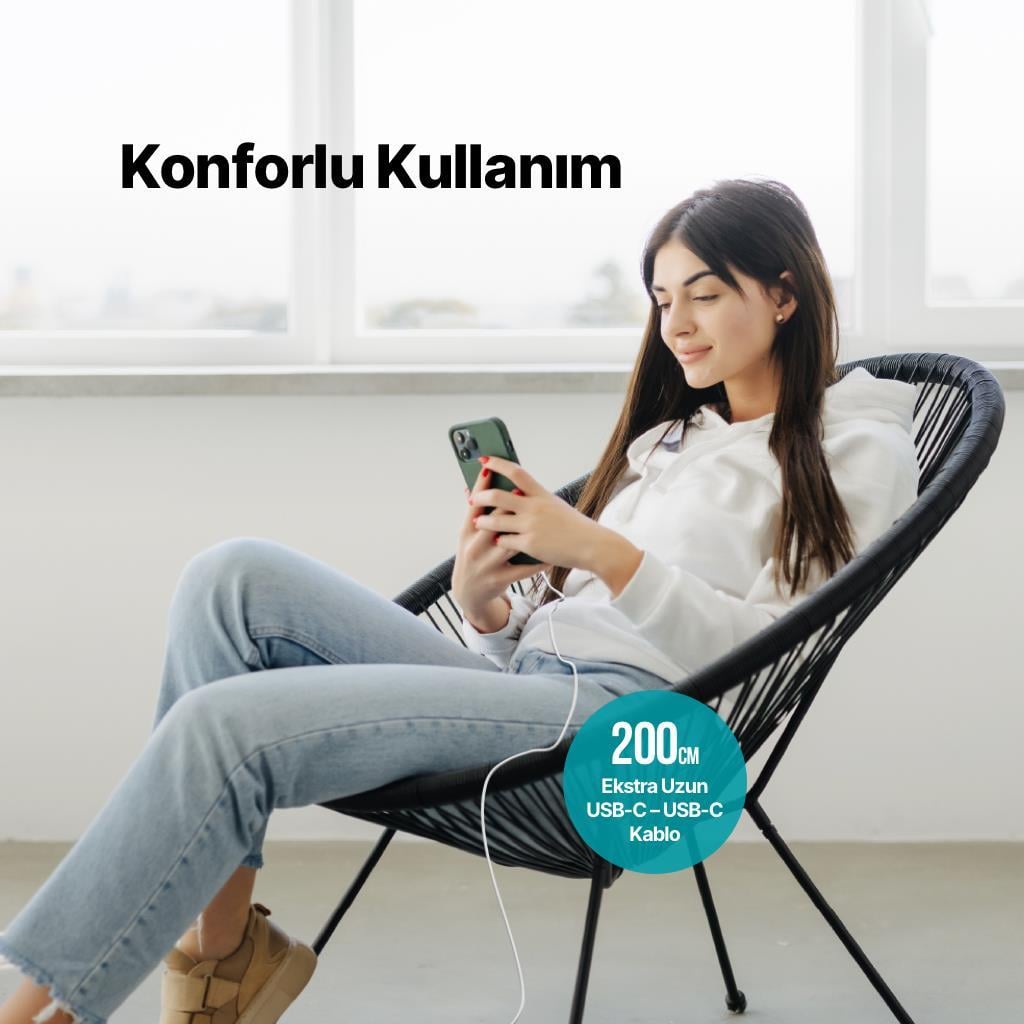 Ttec 2Metre 65W Süper Hızlı PD/QC Type C to Type C Şarj ve Data Kablosu, 480Mbps Hızlı Veri Aktarımlı Kablo