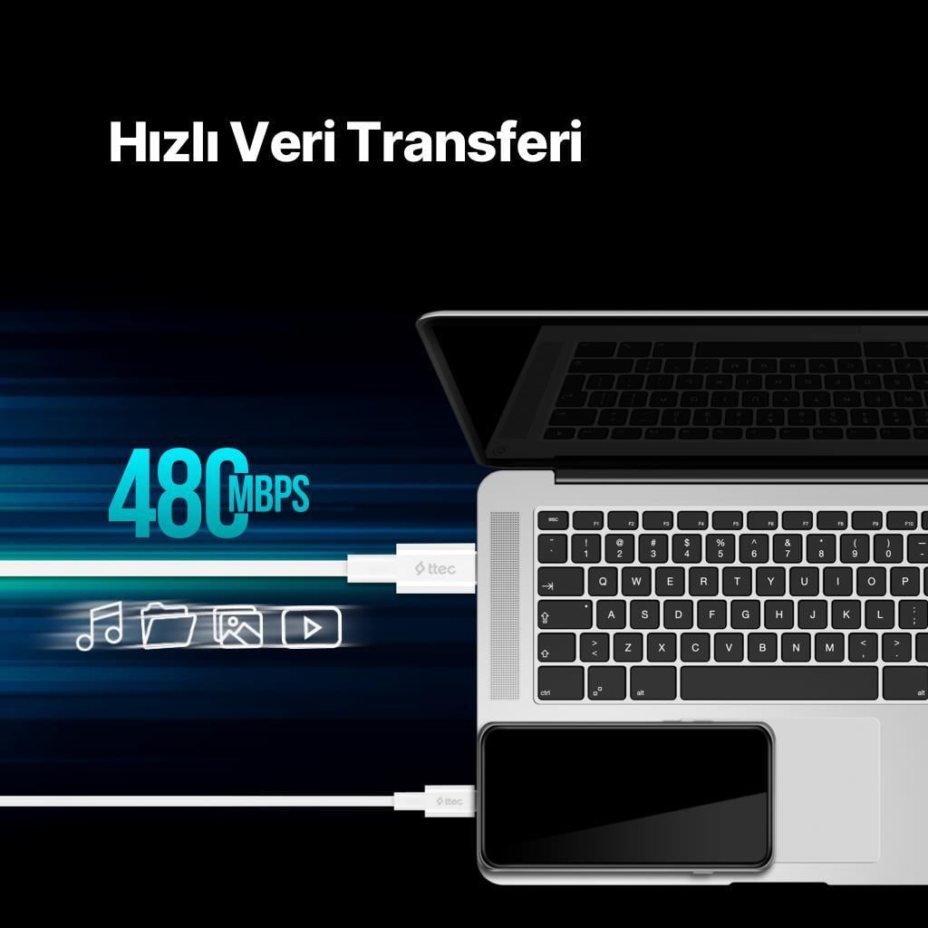 Ttec 2Metre 65W Süper Hızlı PD/QC Type C to Type C Şarj ve Data Kablosu, 480Mbps Hızlı Veri Aktarımlı Kablo