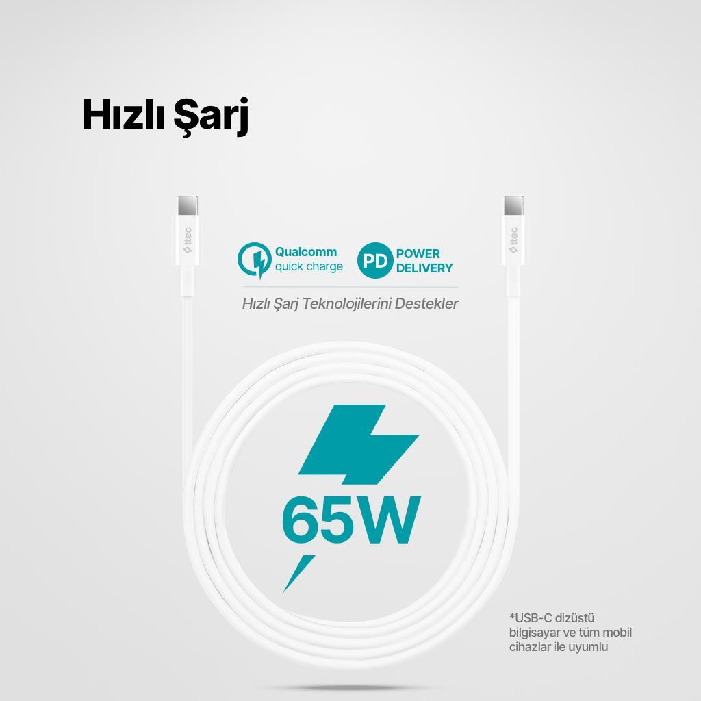 Ttec 2Metre 65W Süper Hızlı PD/QC Type C to Type C Şarj ve Data Kablosu, 480Mbps Hızlı Veri Aktarımlı Kablo