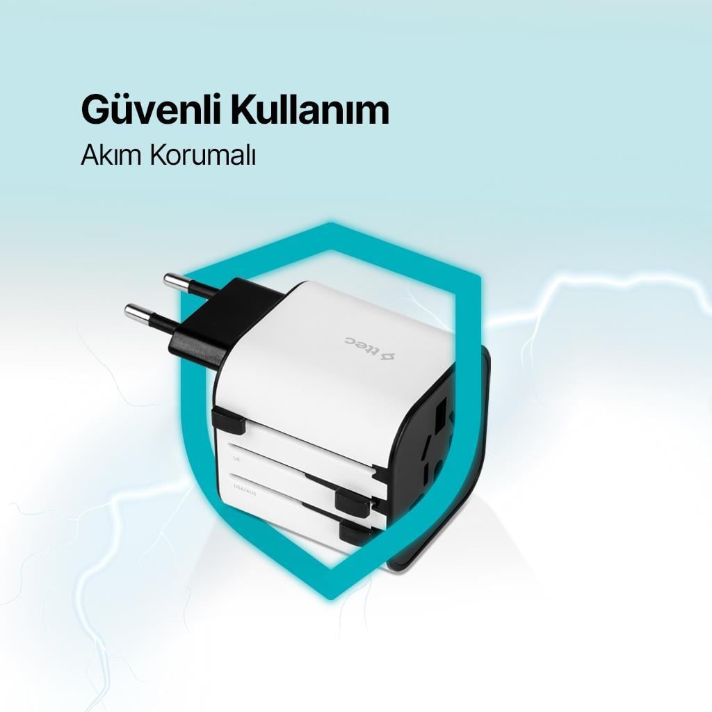 Ttec 3in1 Akım ve Isı Korumalı10A/250V Amerikan/Avrupa/İngiliz Tipi Priz Çevirici Seyahat Şarj Aleti
