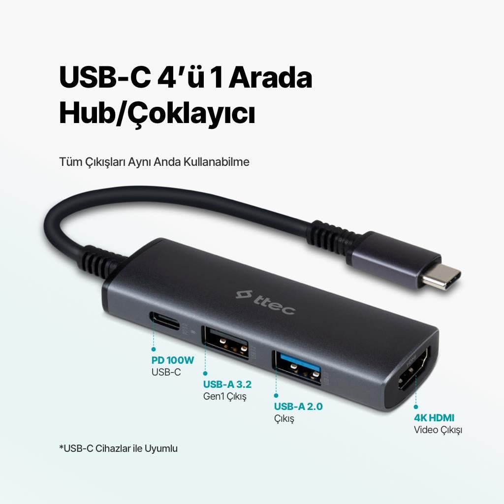 Ttec 4in1 100W Type C Çoğaltıcı Çevirici HUB, 2x USB, 1x PD Type C ve 1x 4K HDMİ Girişli Çoğaltıcı Adaptör