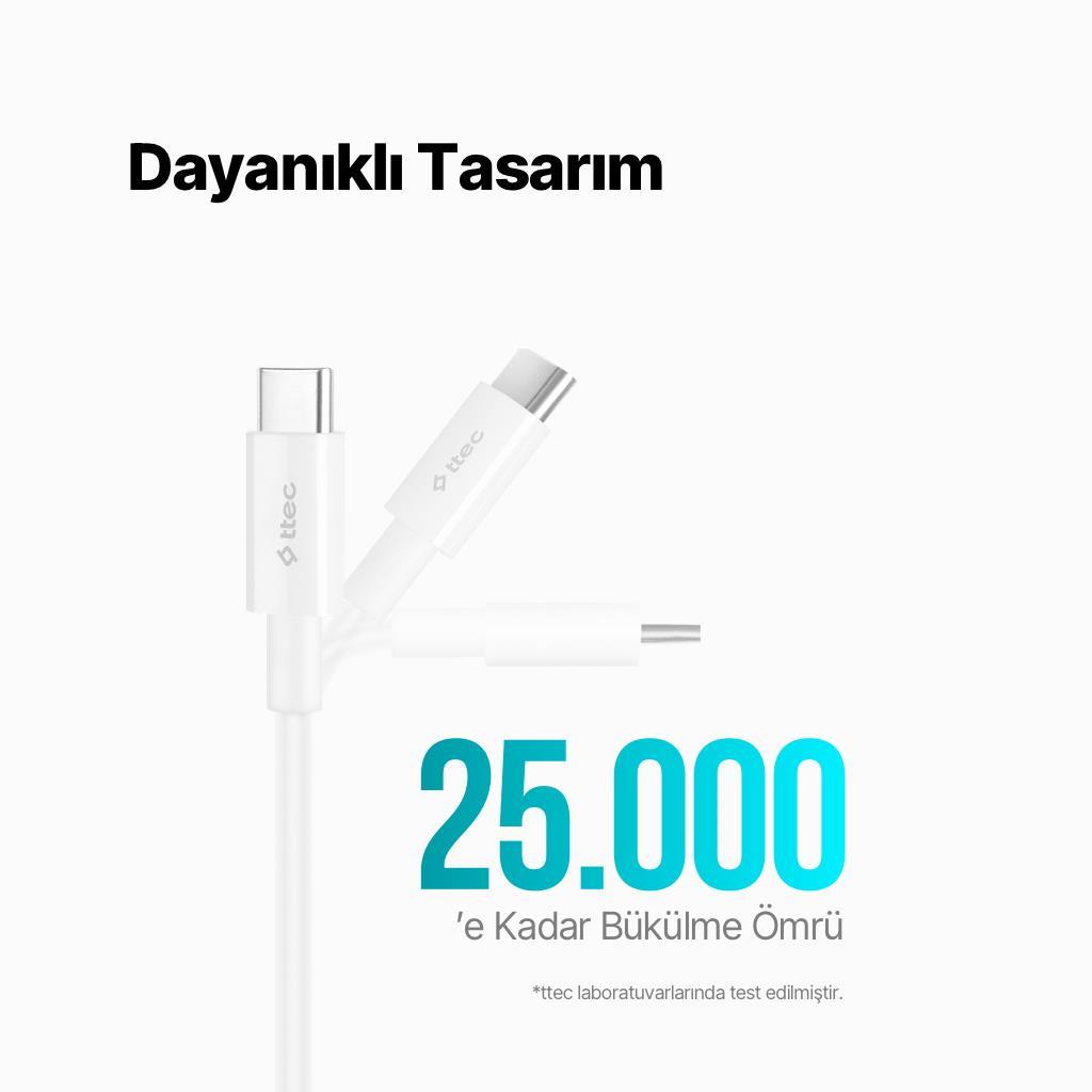 Ttec 65W 30CM PD/QC Mega Hızlı Type C to Type C Şarj ve Data Kablosu, Ultra Dayanıklı Powerbank Kablosu