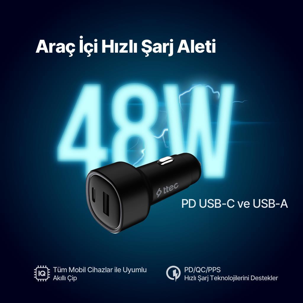 Ttec Süper Hızlı 83W 1xUSB ve 1x PD Type-C Araç Şarj Cihazı, 12/24V Çakmaklık Girişli Akım ve Isı Korumalı