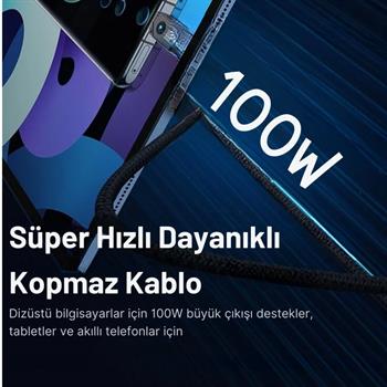 Baseus 1Mt 100W Mega Hızlı Type-C To Type Şarj Kablosu, E-Marker Çipli Aramid Fiber Kablolu Type C Kablo