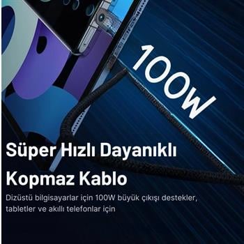 Baseus 2MT 100W Mega Hızlı Type-C To Type Şarj Kablosu, E-Marker Çipli Aramid Fiber Kablolu Type C Kablo