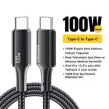 Essager 0.25CM PD 100W Süper Hızlı Type C To Type C Şarj Data Kablosu, E-marker Çipli Akıllı Şarj Kablosu