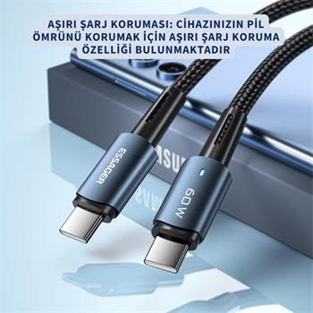 Essager 0.50CM 60W Type C to Type-C Ultra Hızlı Data Şarj Kablosu,Süper Dayanıklı Şarj ve Data Kablosu