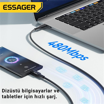 Essager 0.25CM PD 100W Süper Hızlı Type C To Type C Şarj Data Kablosu, E-marker Çipli Akıllı Şarj Kablosu