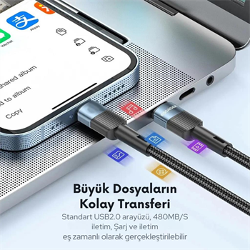 Essager 0.50CM 60W PD Type C To Type C Şarj Kablosu, Akım, Isı ve Güç Korumalı Ultra Sağlam Kablo