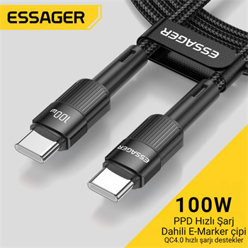 Essager 0.50CM PD 100W QC4.0 Süper Hızlı Type C To Type C Şarj Data Kablosu, Akım,Isı, Batarya Korumalı