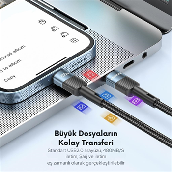 Essager 0.50CM PD 100W QC4.0 Süper Hızlı Type C To Type C Şarj Data Kablosu, Akım,Isı, Batarya Korumalı
