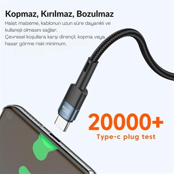 Essager 0.50CM PD 100W QC4.0 Süper Hızlı Type C To Type C Şarj Data Kablosu, Akım,Isı, Batarya Korumalı