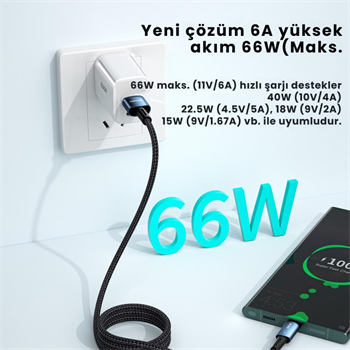 Essager 0.5CM 66W 6A USB to Type-C Süper Hızlı Data Şarj Kablosu, Ultra Dayanıklı Şarj ve Data Kablosu