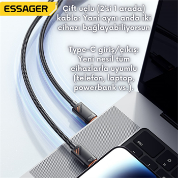 Essager 1.2 Metre 100W 2in1 Type C to 2x Type C Şarj ve Data Kablosu, Çift Cihaz Desteği, Dayanıklı Örgülü Tasarım, 