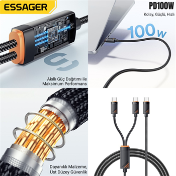 Essager 1.2 Metre 100W 2in1 Type C to 2x Type C Şarj ve Data Kablosu, Çift Cihaz Desteği, Dayanıklı Örgülü Tasarım, 