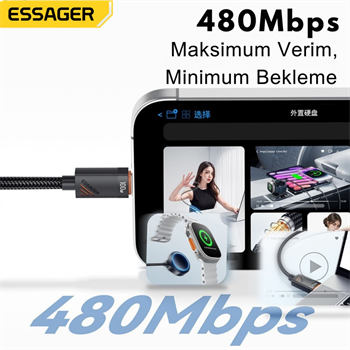 Essager 1.2 Metre 100W 2in1 Type C to 2x Type C Şarj ve Data Kablosu, Çift Cihaz Desteği, Dayanıklı Örgülü Tasarım, 