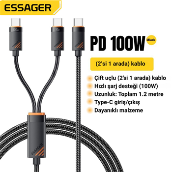 Essager 1.2 Metre 100W 2in1 Type C to 2x Type C Şarj ve Data Kablosu, Çift Cihaz Desteği, Dayanıklı Örgülü Tasarım, 
