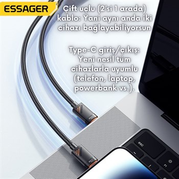 Essager 1.2 Metre 100W 2in1 Type C to 2x Type C Şarj ve Data Kablosu, Çift Cihaz Desteği, Dayanıklı Örgülü Tasarım, 
