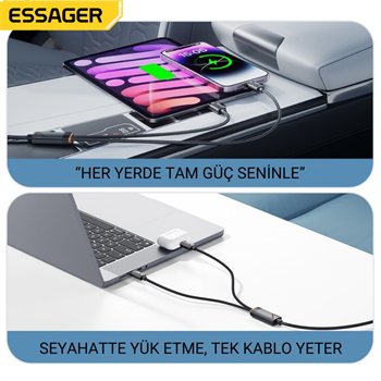 Essager 1.2 Metre 100W 2in1 Type C to 2x Type C Şarj ve Data Kablosu, Çift Cihaz Desteği, Dayanıklı Örgülü Tasarım, 