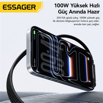 Essager 1 Metre 100W Type-C to Type-C Stant Olabilen Hızlı Şarj Kablosu 5A 480Mbps Veri Aktarımlı Örgülü Dayanıklı