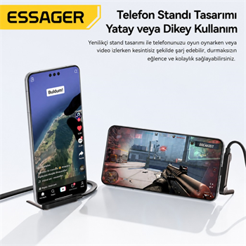 Essager 1 Metre 100W Type-C to Type-C Stant Olabilen Hızlı Şarj Kablosu 5A 480Mbps Veri Aktarımlı Örgülü Dayanıklı
