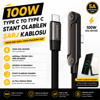 Essager 1 Metre 100W Type-C to Type-C Stant Olabilen Hızlı Şarj Kablosu 5A 480Mbps Veri Aktarımlı Örgülü Dayanıklı