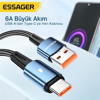 Essager 1 Metre 120W 6A PD3.1 USB to Type-C Mega Hızlı Data Şarj Kablosu, Ultra Sağlam Halat Kablo Kopmaz