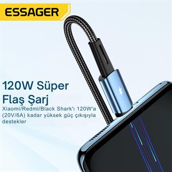 Essager 1 Metre 120W 6A PD3.1 USB to Type-C Mega Hızlı Data Şarj Kablosu, Ultra Sağlam Halat Kablo Kopmaz
