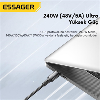 Essager 1 Metre 240W 5A PD3.1 Type-C to Type-C Mega Hızlı Data Şarj Kablosu, Ultra Sağlam Halat Kablo Kopmaz
