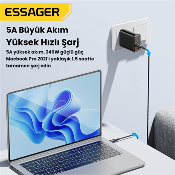 Essager 1 Metre 240W 5A PD3.1 Type-C to Type-C Mega Hızlı Data Şarj Kablosu, Ultra Sağlam Halat Kablo Kopmaz