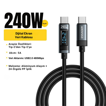 Essager 1 Metre 240W Dijital Ekranlı Type-C to Type-C Mega Hızlı Data Şarj Kablosu, Ultra Sağlam Halat Kablo Kopmaz