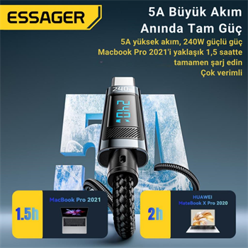 Essager 1 Metre 240W Dijital Ekranlı Type-C to Type-C Mega Hızlı Data Şarj Kablosu, Ultra Sağlam Halat Kablo Kopmaz