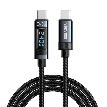 Essager 1 Metre 240W Dijital Ekranlı Type-C to Type-C Mega Hızlı Data Şarj Kablosu, Ultra Sağlam Halat Kablo Kopmaz