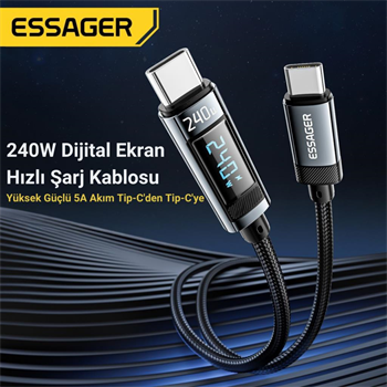 Essager 1 Metre 240W Dijital Ekranlı Type-C to Type-C Mega Hızlı Data Şarj Kablosu, Ultra Sağlam Halat Kablo Kopmaz