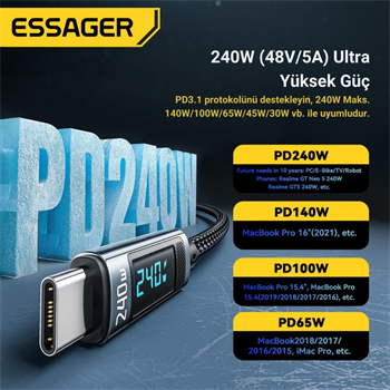 Essager 1 Metre 240W Dijital Ekranlı Type-C to Type-C Mega Hızlı Data Şarj Kablosu, Ultra Sağlam Halat Kablo Kopmaz