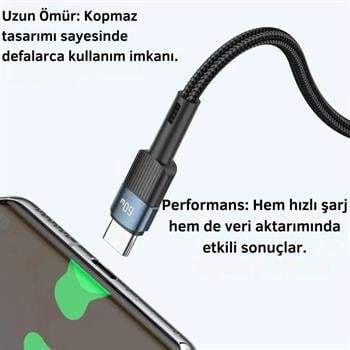 Essager 1 Metre 60W PD Type C To Type C Şarj Kablosu, Akım, Isı ve Güç Korumalı Ultra Sağlam Kablo