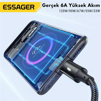 Essager 1 Metre 6A 120W Mega Hızlı USB To Type C Şarj Data Kablosu, Akım,Isı Korumalı, Güçlü Kablo