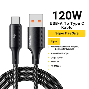 Essager 1 Metre 6A 120W Mega Hızlı USB To Type C Şarj Data Kablosu, Akım,Isı Korumalı, Güçlü Kablo