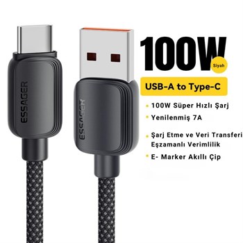 Essager 1 Metre 7A 100W E-Marker Süper Hızlı USB To Type C Şarj Data Kablosu, Akım,Isı, Güçlü Kablo